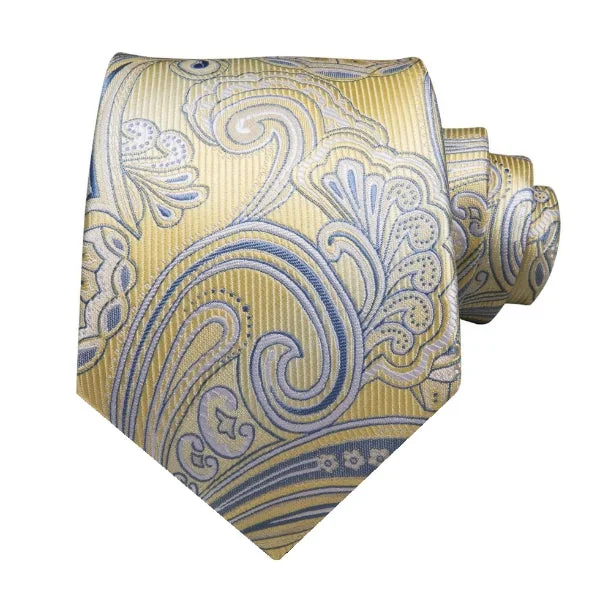 Men's silk tie with abstract design-Classy Men Light Gold Blue Floral Silk Tie