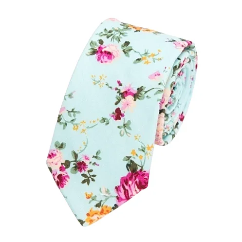 Men's tie for luxury weddings-Classy Men Light Turquoise Floral Skinny Cotton Tie