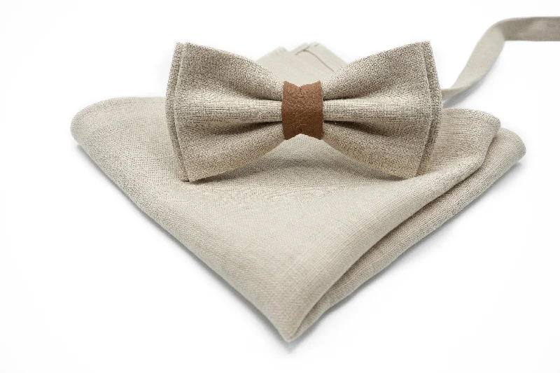 Best men's tie for dinner parties-Linen Beige Bow Tie & Optional Pocket Square Set - Rustic Wedding Accessory - Handcrafted Unisex Formal Wear - Gentleman's Linen Attire