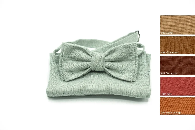 Elegant men's tie with subtle plaid-Elegant Dusty Sage Linen Bow Tie and Pocket Square Set