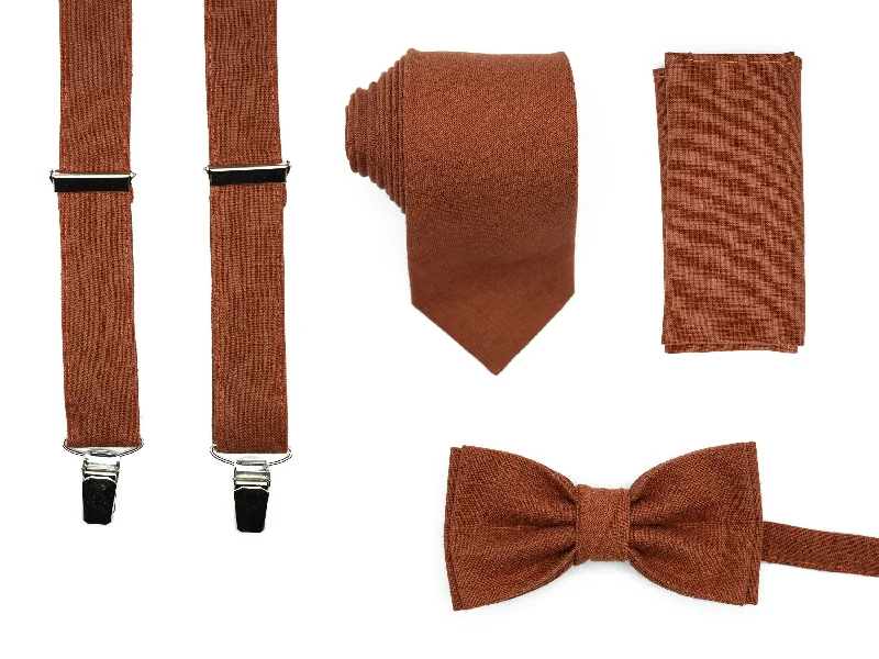 Men's tie with vibrant floral print-Linen Terracotta Wedding Set: Bow Tie, Pocket Square, Necktie, Suspenders for Groom, Groomsmen, and Boys