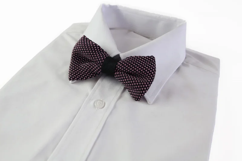 Stylish men's tie with stripes for work-Mens Black & Baby Pink Cross-Hatched Knitted Bow Tie