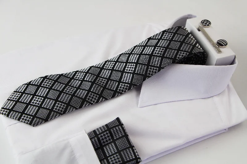 Stylish tie for young professionals-Mens Black & Silver Houndstooth Checkered Neck Tie, Pocket Square, Cuff Links And Tie Clip Set