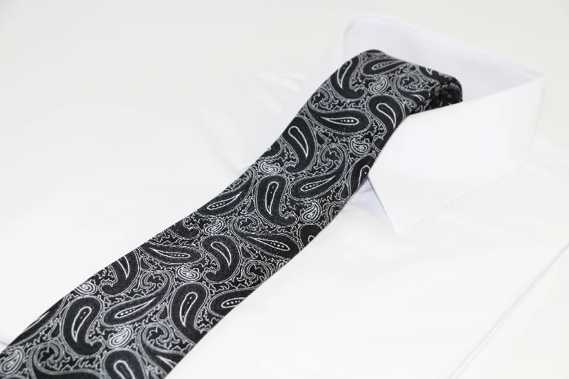 Best men's tie for black tie events-Mens Black & Silver Paisley Patterned 8cm Neck Tie