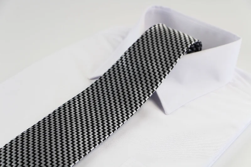 Best tie for holiday and corporate events-Mens Black & Silver Zig Zag Patterned 8cm Neck Tie