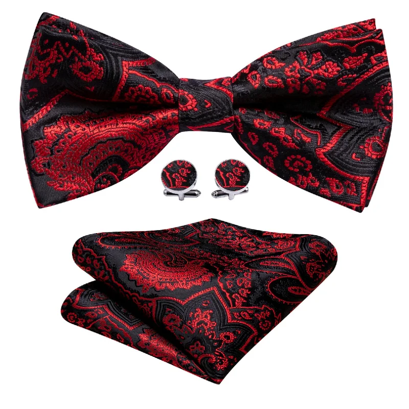 Men's tie for elegant evening attire-Men's Black And Red Paisley 100% Silk Pre-Tied adjustable Bow Tie Pocket Square Cufflinks Set