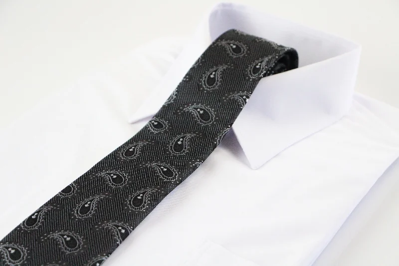 Men's tie with vintage pattern-Mens Black, Dark Grey & Grey Floating Paisley Patterned 8cm Neck Tie