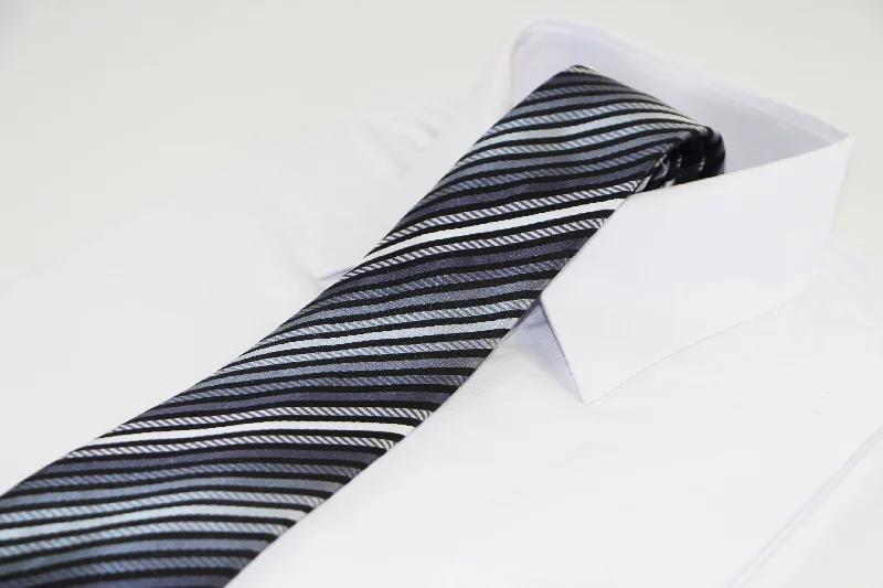 Unique men's tie with minimalistic style-Mens Black, Greys & White Striped Patterned 8cm Neck Tie