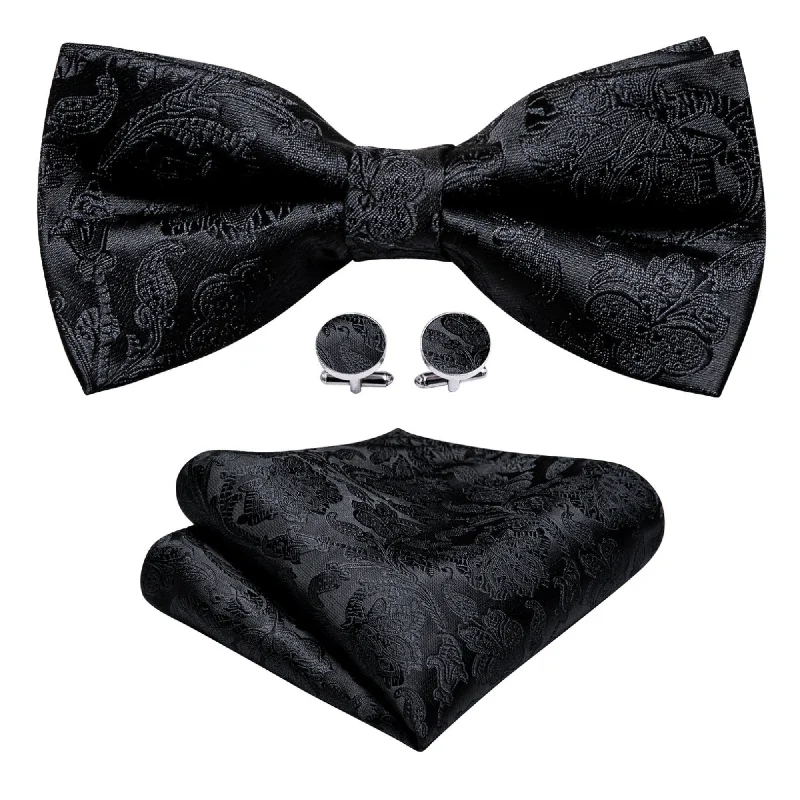 Men's tie for summer weddings-Men's Black Paisley 100% Silk Pre-Tied adjustable Bow Tie Pocket Square Cufflinks Set