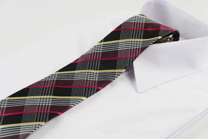 Men's tie for classic professional look-Mens Black, Pink & Light Yellow Plaid Patterned 8cm Neck Tie