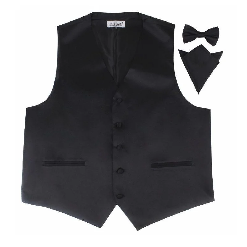 Men's tie with a bold color block-Mens Black Plain Vest Waistcoat & Matching Bow Tie & Pocket Square