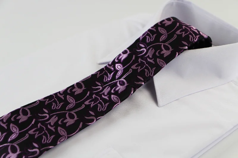 Best tie for men's corporate events-Mens Black With Purple Leaves Patterned 8cm Neck Tie