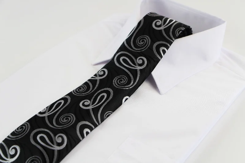 Best silk tie for office professionals-Mens Black With Silver Swirls Patterned 8cm Neck Tie