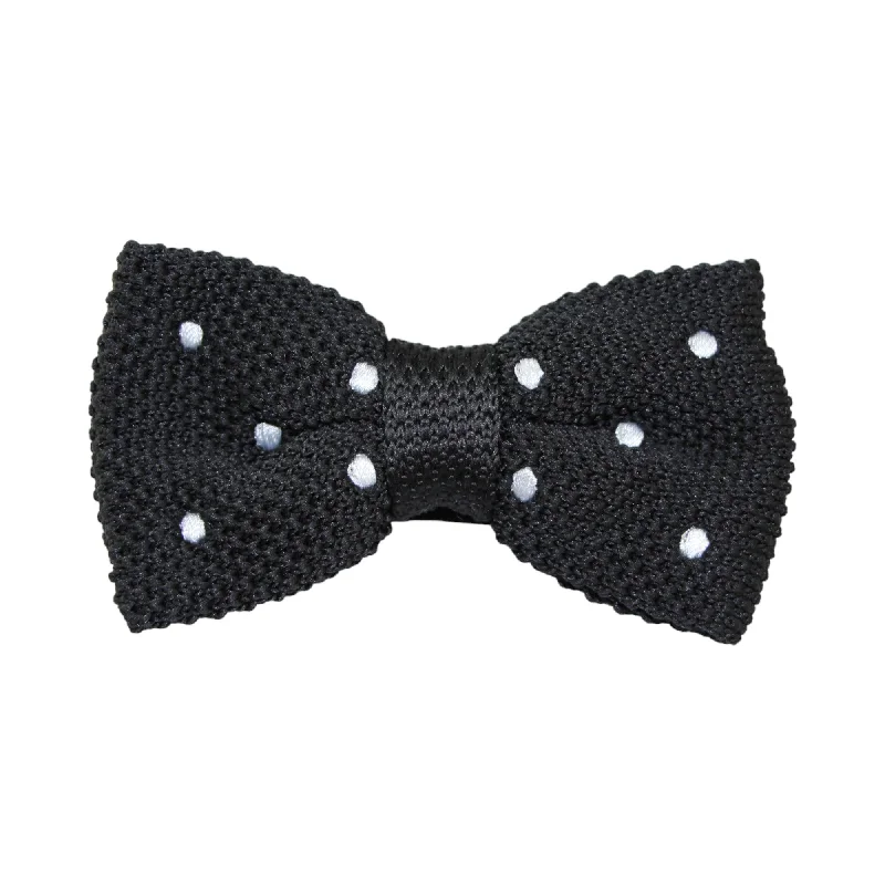 Men's tie with contrasting diagonal stripes-Mens Black With White Polka Dots Knitted Bow Tie