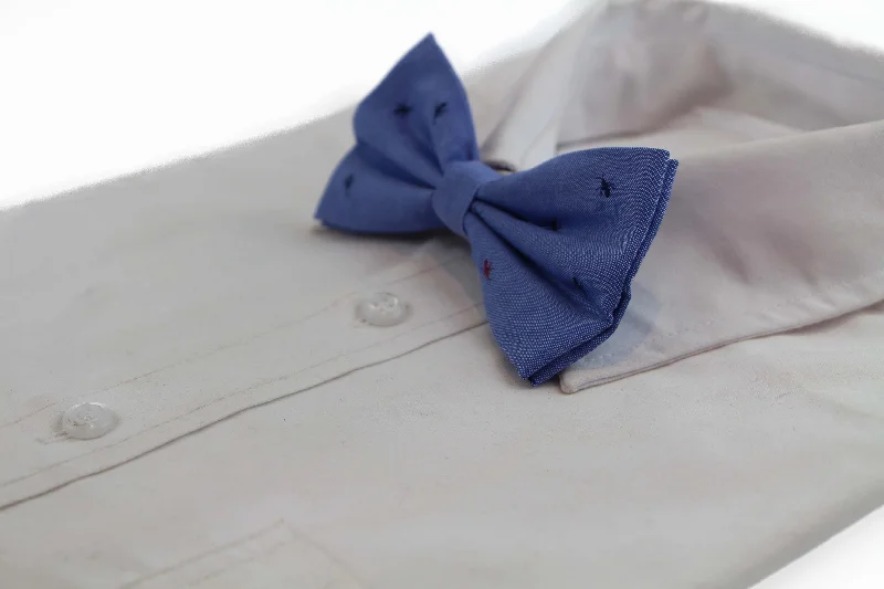 Men's tie for spring wedding attire-Mens Blue Denim Preppy Insects Patterned Cotton Bow Tie