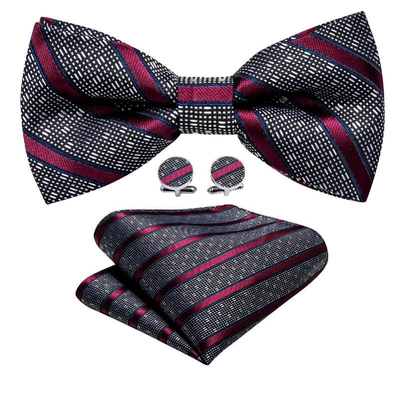 Men's tie with modern color schemes-Men's Burgundy And Black Striped 100% Silk Pre-Tied adjustable Bow Tie Pocket Square Cufflinks Set