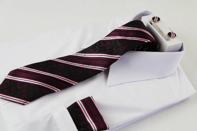 Best tie for men's corporate events-Mens Burgundy Boho Paisley Striped Matching Neck Tie, Pocket Square, Cuff Links And Tie Clip Set