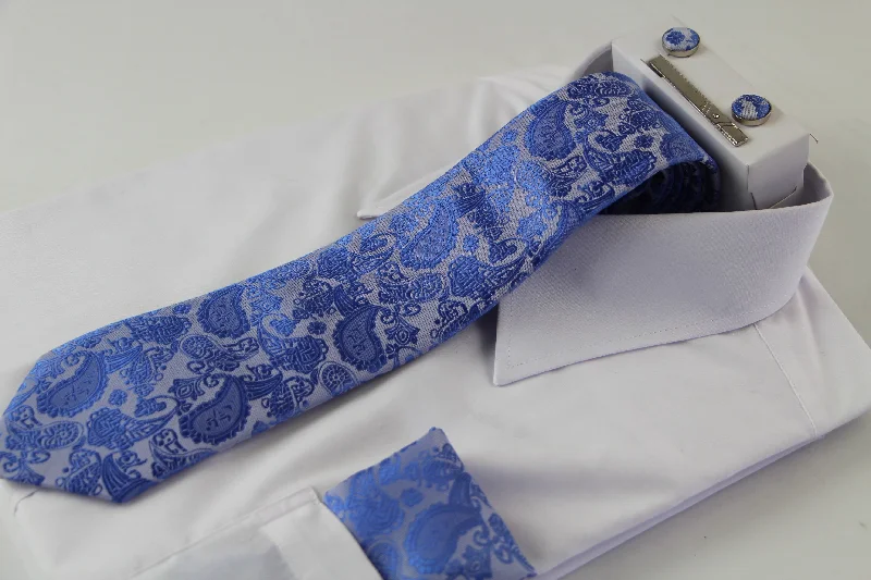 Men's tie for upscale business events-Mens Cornflower Blue & Baby Blue Boho Paisley Matching Neck Tie, Pocket Square, Cuff Links And Tie Clip Set