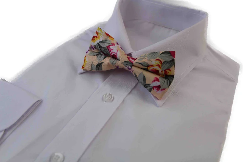 Men's patterned tie with vintage style-Mens Cream Floral Patterned Bow Tie