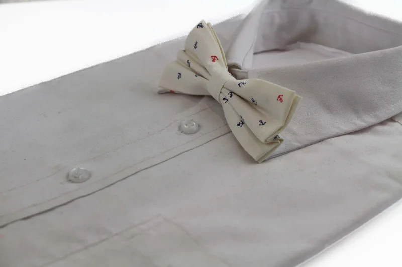 Men's tie for a formal lunch event-Mens Cream Preppy Anchor Patterned Cotton Bow Tie