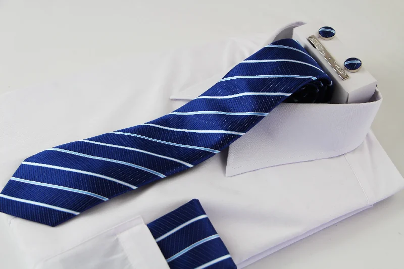 Men's slim tie for wedding attire-Mens Dark Blue & White Striped Matching Neck Tie, Pocket Square, Cuff Links And Tie Clip Set