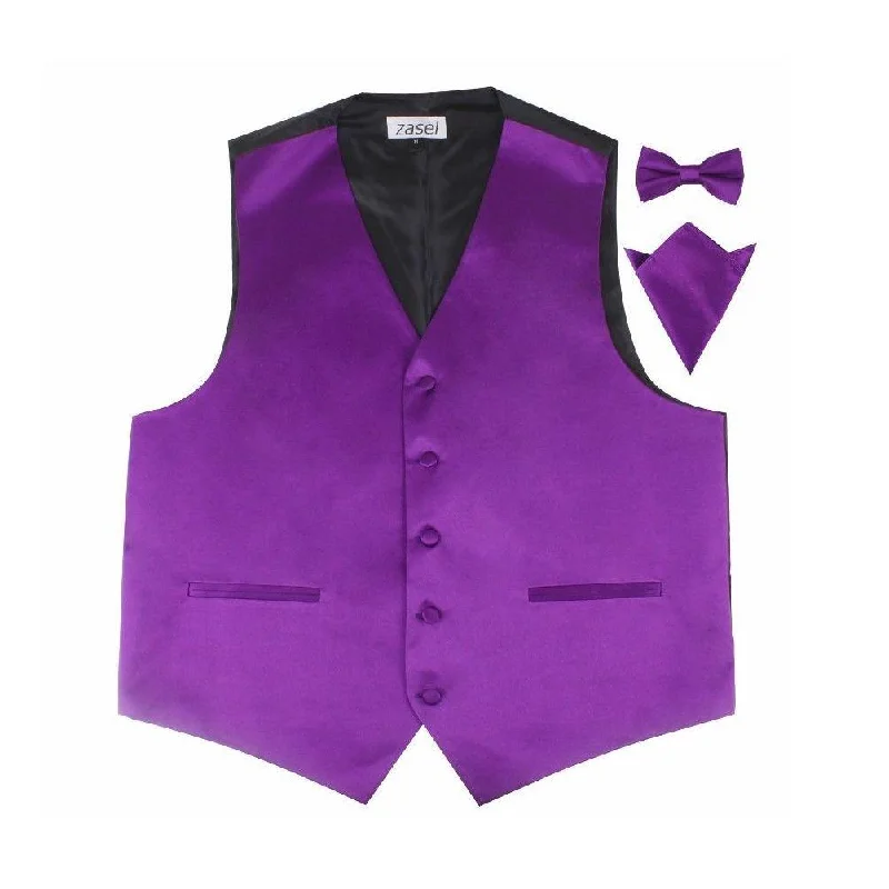 Modern men's tie with geometric design-Mens Dark Purple Plain Vest Waistcoat & Matching Bow Tie & Pocket Square