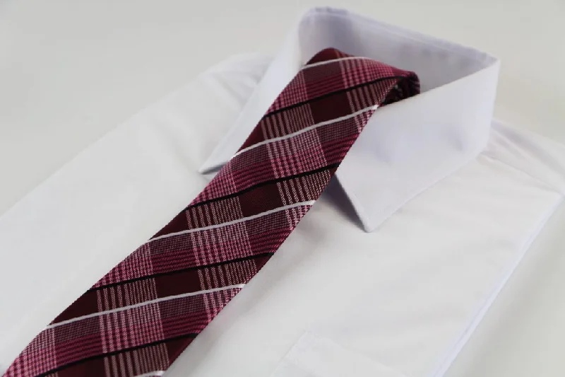 Men's tie with soft wool fabric-Mens Dark Red & Pink Plaid Patterned 8cm Neck Tie