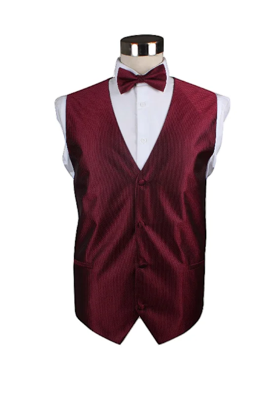 Men's red silk tie-Mens Dark Red Checkered Patterned Vest Waistcoat & Matching Bow Tie