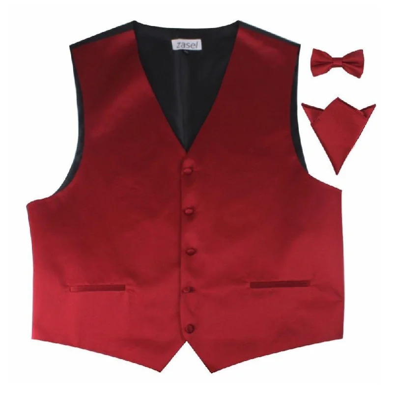 Men's tie with vintage pattern-Mens Dark Red Plain Vest Waistcoat & Matching Bow Tie & Pocket Square