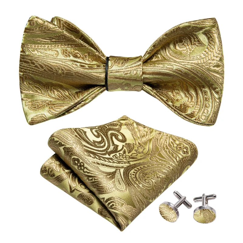 Men's tie for corporate gatherings-Men's Gold Paisley 100% Silk Self Tie Bow Tie Pocket Square Cufflinks Set