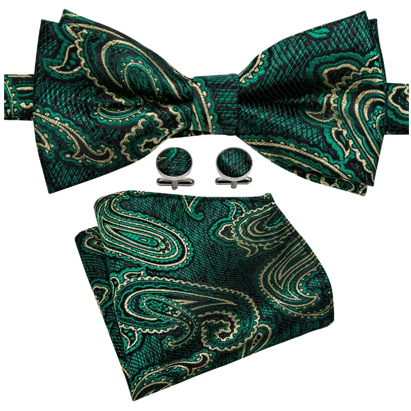 Men's tie with modern chevron design-Men's Green Paisley 100% Silk Pre-Tied adjustable Bow Tie Pocket Square Cufflinks Set