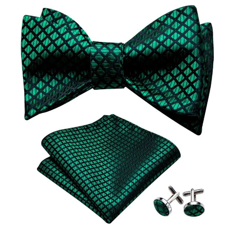 Stylish silk tie for formal wear-Men's Green Plaid 100% Silk Self Tie Bow Tie Pocket Square Cufflinks Set