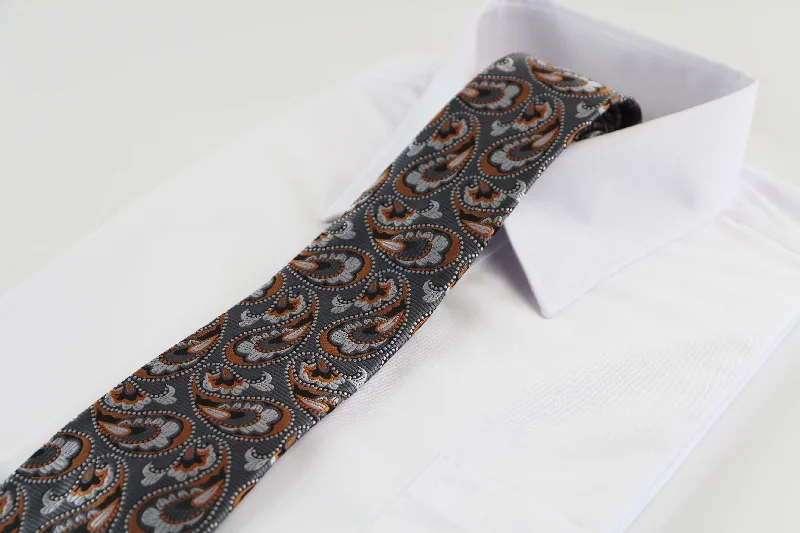 Designer men's tie with polka dots-Mens Grey & Burnt Orange Boho Paisley Patterned 8cm Neck Tie