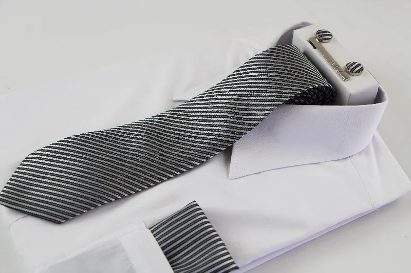 Luxury silk tie for special occasions-Mens Gunmetal & Silver Striped Matching Neck Tie, Pocket Square, Cuff Links And Tie Clip Set