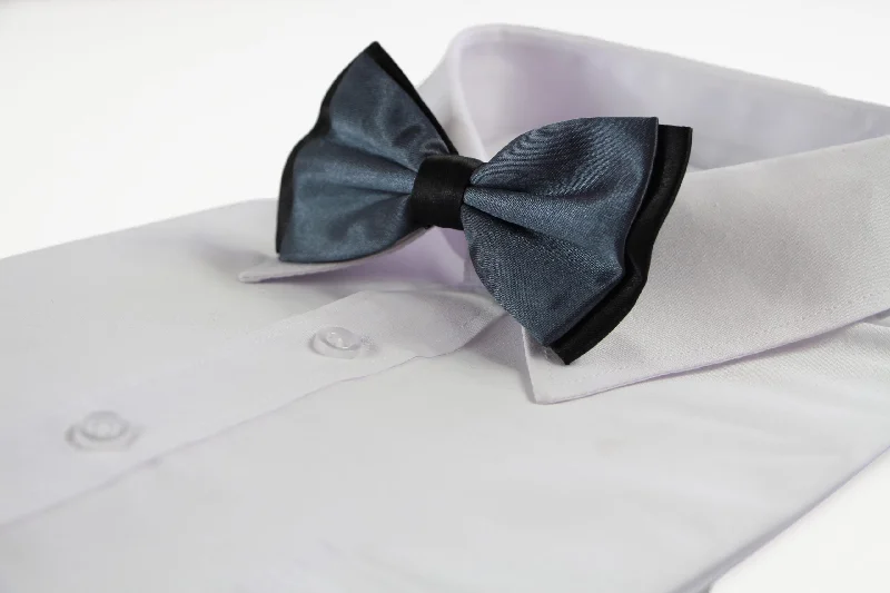 Men's tie with a subtle floral print-Mens Gunmetal Tow Tone Layered Bow Tie