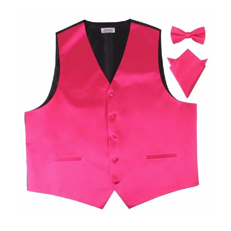 Men's tie for casual Fridays-Mens Hot Pink Plain Vest Waistcoat & Matching Bow Tie & Pocket Square