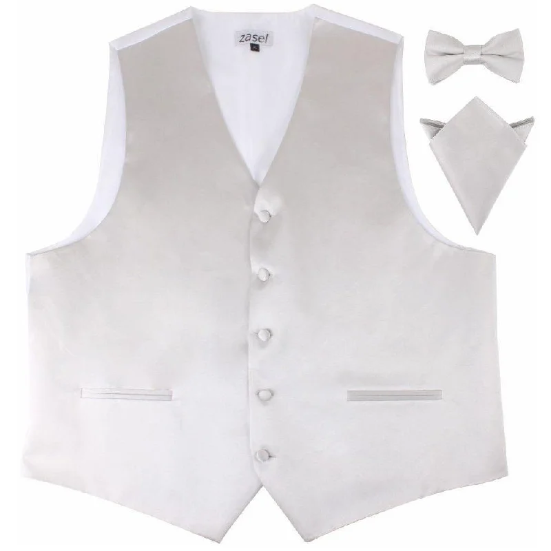 Casual men's tie with subtle design-Mens Ivory Plain Vest Waistcoat & Matching Bow Tie & Pocket Square