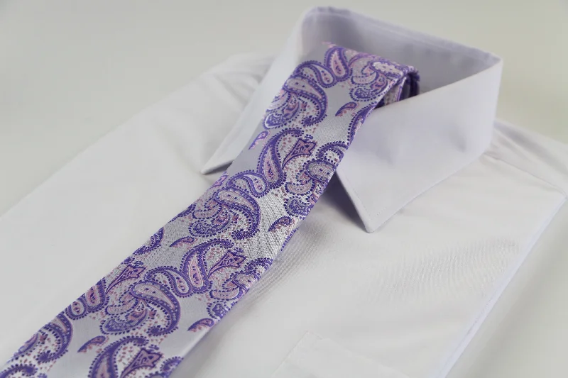 Elegant men's tie with polka dot design-Mens Light Purple & Silver Paisley Patterned 8cm Neck Tie