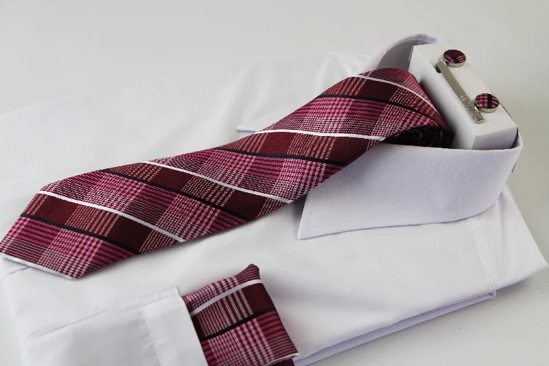 Men's tie with subtle geometric pattern-Mens Maroon & Pink Checkered Matching Neck Tie, Pocket Square, Cuff Links And Tie Clip Set