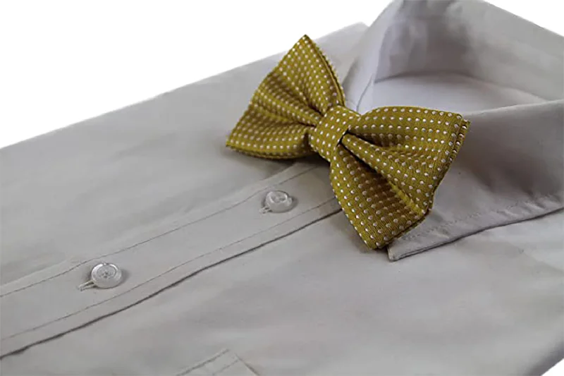 Men's tie with luxurious satin finish-Mens Mustard Yellow Plain Coloured Bow Tie With White Polka Dots