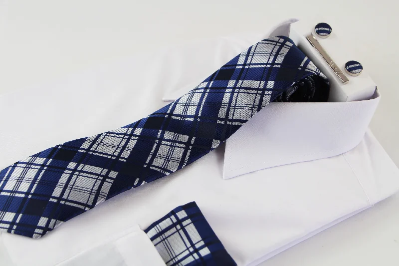 Elegant silk tie for dinner events-Mens Navy & Silver Checkered Matching Neck Tie, Pocket Square, Cuff Links And Tie Clip Set