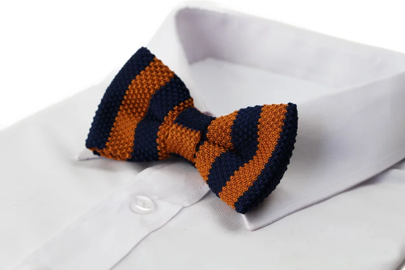 Classic men's tie for the holiday season-Mens Navy And Bronze Thick Vertical Striped Knitted Bow Tie