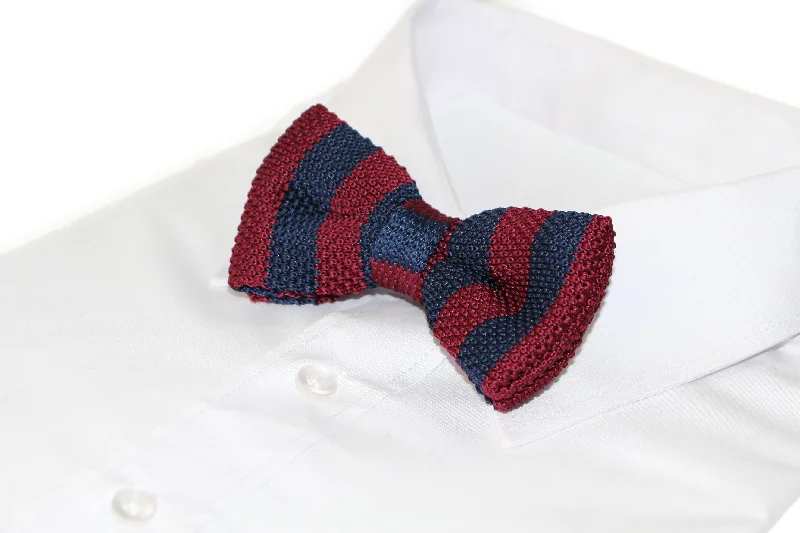 Men's tie with intricate jacquard design-Mens Navy And Maroon Thick Vertical Striped Knitted Bow Tie