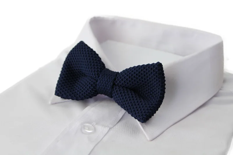 Men's tie with soft wool fabric-Mens Navy Cross-Hatched Knitted Bow Tie