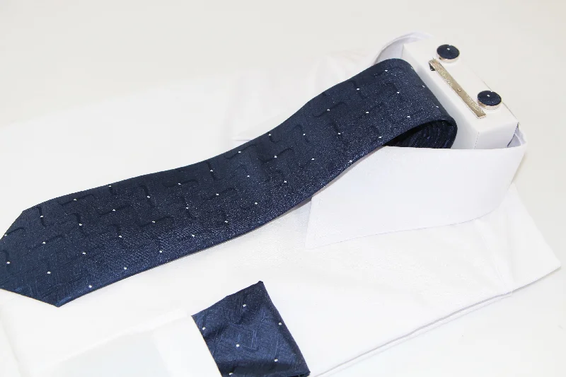 Men's tie for evening formal wear-Mens Navy Laddered Matching Neck Tie, Pocket Square, Cuff Links And Tie Clip Set