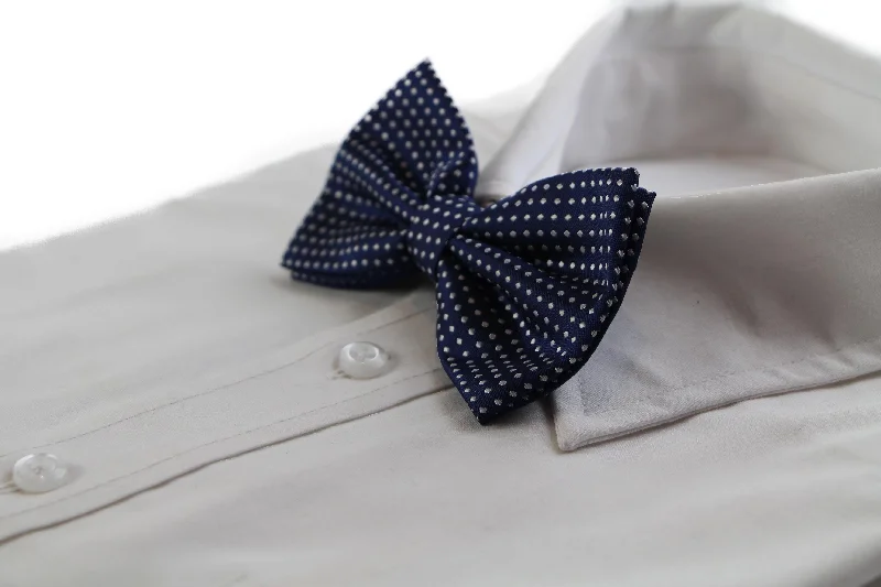 Men's tie with vibrant floral print-Mens Navy Plain Coloured Bow Tie With White Polka Dots