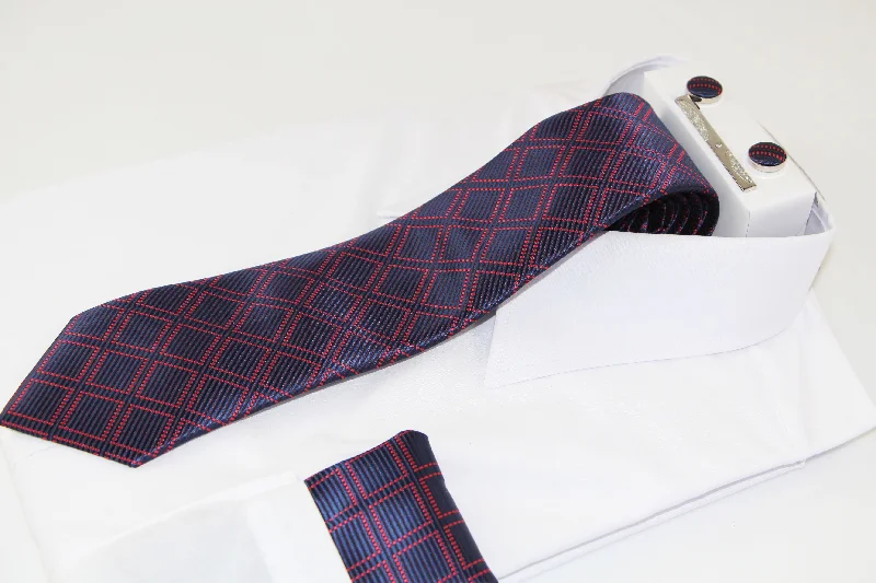 Unique men's tie with creative patterns-Mens Navy & Red Checkered Matching Neck Tie, Pocket Square, Cuff Links And Tie Clip Set