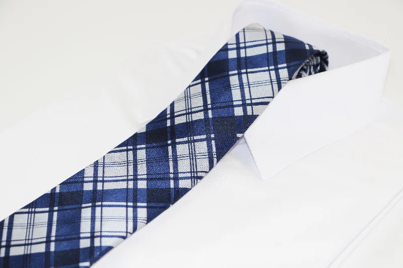 Men's silk tie for fashion-forward looks-Mens Navy & Silver Check Striped Patterned 8cm Neck Tie