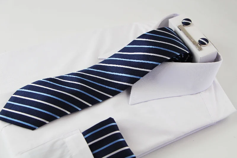 Professional men's tie for presentations-Mens Navy Striped Matching Neck Tie, Pocket Square, Cuff Links And Tie Clip Set