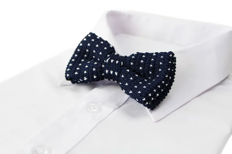 Best silk tie for spring and summer events-Mens Navy With Mini White Hearts Knitted Bow Tie